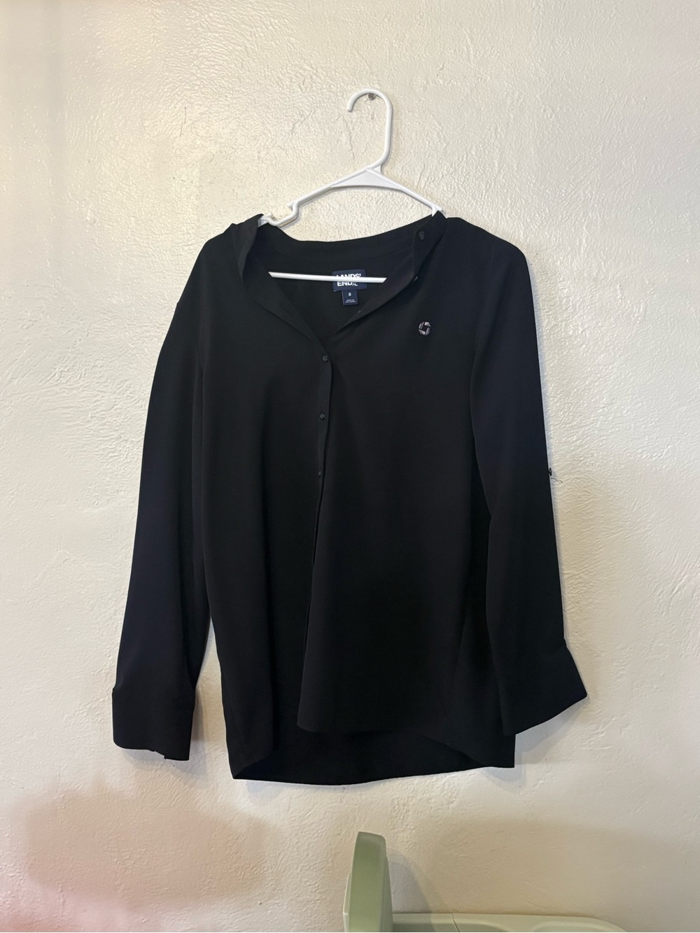 Chase Bank Lands End Black Button-Front Long Sleeve Blouse with Subtle Logo